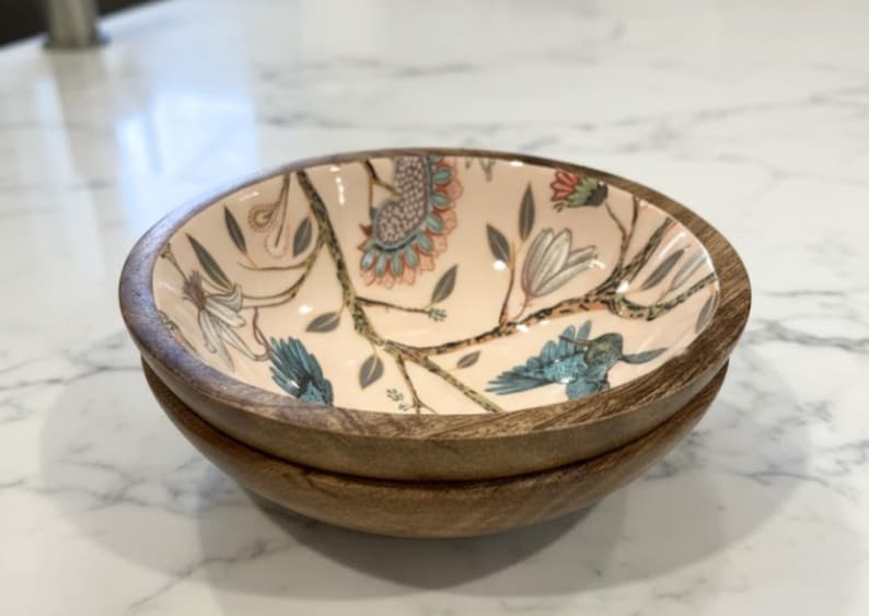 Handmade Mango Wood Salad Bowl Set: Bohemian Hummingbird Design, Spoon set Small