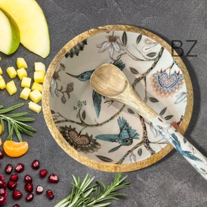 Handmade Wooden Salad Bowl, Mango wood serving bowl set, Mango wood decorative Bowl with matching spoon, Hummingbird & Flower, Home Gifts