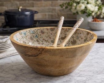 Handmade Mango Wood Salad Bowl Set: Bohemian Hummingbird Design, Spoon set