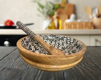 Handmade Wooden Salad Bowl,  Mango wood serving bowl set,  Bohemian Paisley bowl, Mango wood decorative Bowl with matching spoon