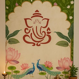 Indian Festival Wall Backdrop, Ganesha & Peacock Lotus backdrop, Pooja decor, Pooja Backdrop