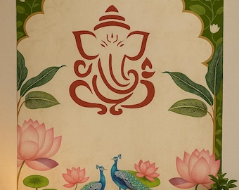 Indian Festival Wall Backdrop, Ganesha & Peacock Lotus backdrop, Pooja decor, Pooja Backdrop