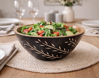 Large Mango Wood Salad Bowl Set with Servers, Farmhouse Kitchen Decor