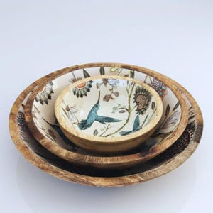 Handmade Mango Wood Salad Bowl Set: Bohemian Hummingbird Design, Spoon set image 2
