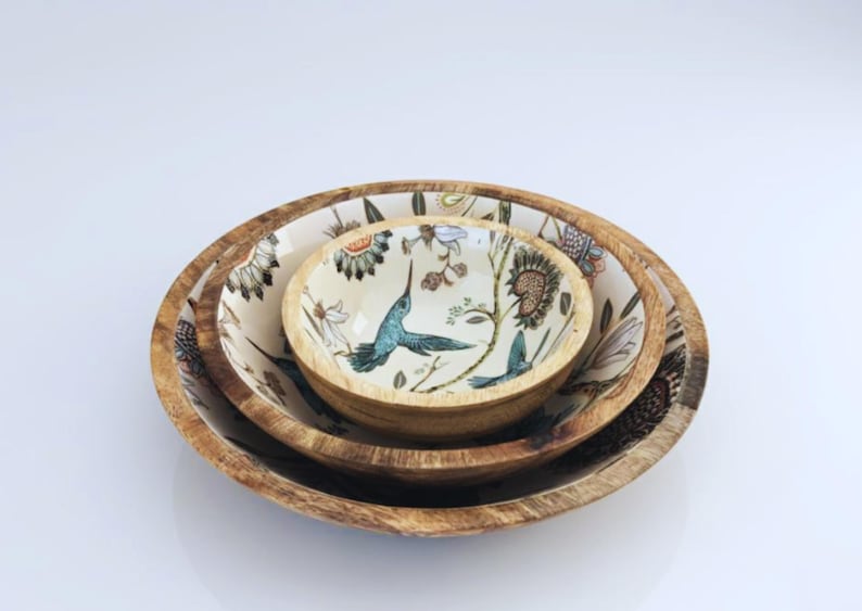 Handmade Mango Wood Salad Bowl Set: Bohemian Hummingbird Design, Spoon set image 2