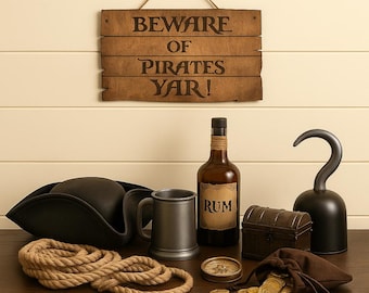Rustic Pirate Sign: Engraved Wood Decor for Bar, Game Room