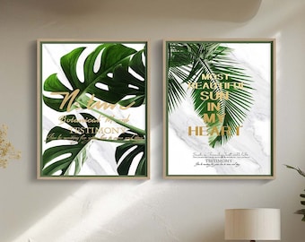 Monstera Leaf Print, Tropical Leaf Prints, 2 Piece Wall Decor, Botanical Print, Tropical Palm Leaf Wall Art, Monstera Poster, Tropical Plant