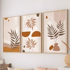 Impressions d'art mural bohème, affiches de décoration murale feuilles de Monstera, impression d'art abstrait géométrique, lot de 3 impressions murales, Scandi, beige, terre cuite