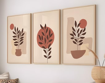 Boho Wall Art Prints, Terracotta Wall Poster, Minimalist Style Plant Wall Art, Terracotta, Black Wall Decor, Mid Century Digital Print Set