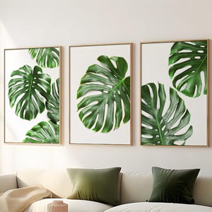 Monstera Leaf Print, Botanical Wall Art , Tropical Leaf Poster, Botanical Home Decor, Minimalist Poster, Set of 3 Print, Digital Art Print