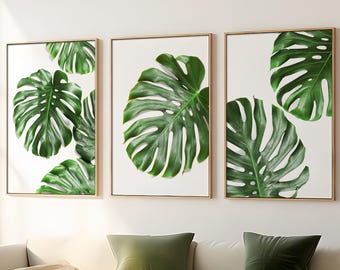 Monstera Leaf Print, Botanical Wall Art , Tropical Leaf Poster, Botanical Home Decor, Minimalist Poster, Set of 3 Print, Digital Art Print