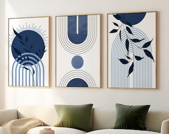 Arte de pared bohemio, decoración de pared azul verdoso, impresiones de pared azules, decoración de pared bohemia, juego de 3 impresiones de pared, arte de pared abstracto, diseño de pared geométrico