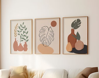 Lámina artística de jarrón de hojas bohemio, póster de arte mural con macetas de terracota y plantas botánicas, impresiones de pared de mediados de siglo, decoración de arte moderno, arte minimalista bohemio