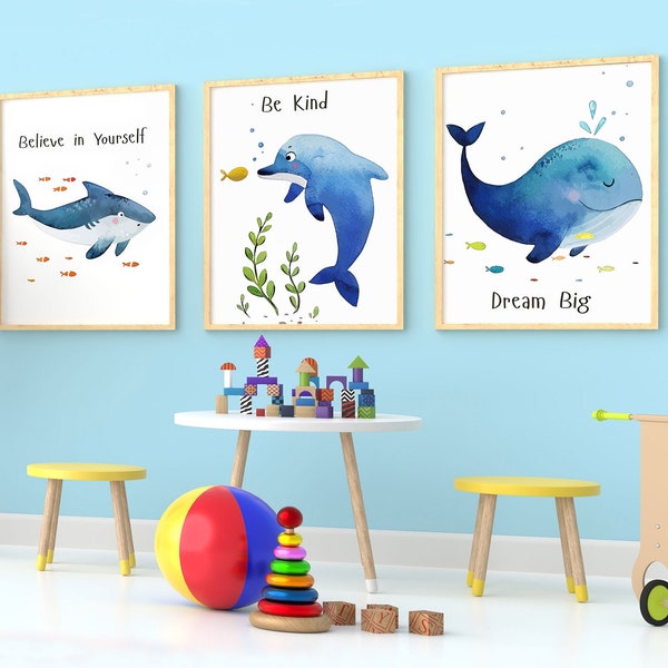 Ocean Nursery Decor, Sea Animals Print, Under the Sea Nursery Wall Art, Inspirational Saying Baby Room Decor, Watercolor Sharp Poster Print