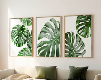 Monstera Leaf Print, Botanical Wall Art , Tropical Leaf Poster, Botanical Home Decor, Minimalist Poster, Set of 3 Print, Digital Art Print