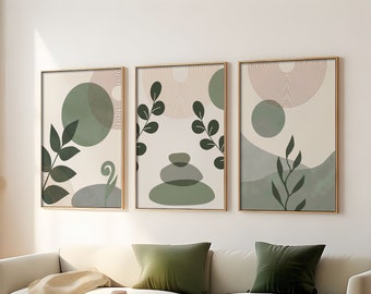 Set di 3 stampe da parete Boho Sage Green, arredamento per la casa in stile Mid-Century Modern, arte astratta per il soggiorno, arredamento per la casa Boho, stampe d'arte botanica