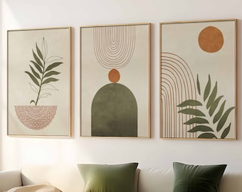 May include: Three framed abstract art prints. Each print features a minimalist design with earthy tones. One print shows a plant in a pot, another has geometric shapes, and the third has a sun and leaves. The frames are gold.