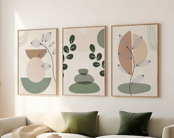 Boho Sage Green Wall Decor Abstract Set 3 Print, Geometric Wall Art Design, Botonical Line Art, Retro Modern Art Prints, Gallery Wall Set
