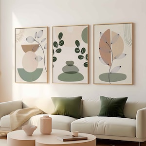 Boho Sage Green Wall Decor Abstract Set 3 Print, Geometric Wall Art Design, Botonical Line Art, Retro Modern Art Prints, Gallery Wall Set
