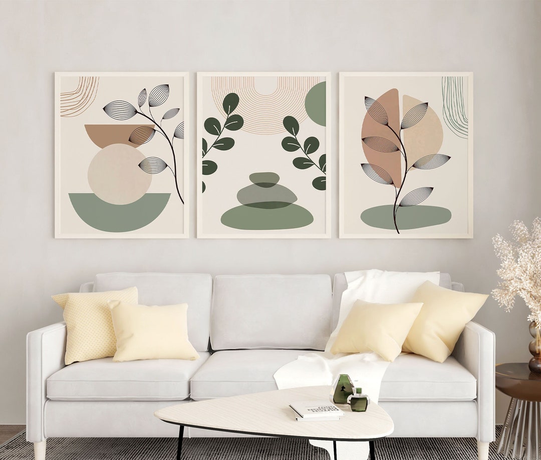 Boho Sage Green Wall Decor Abstract Set 3 Print Geometric Etsy