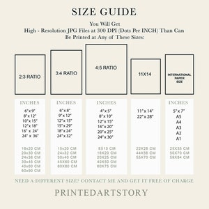 May include: A size guide for printed art, showing different aspect ratios and sizes in inches and centimeters. The guide includes international paper sizes like A5, A4, A3, A2, and A1.