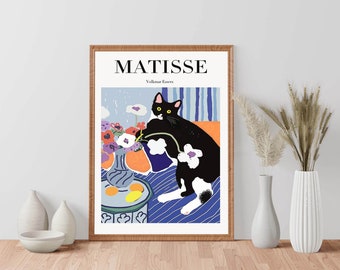 Henri Matisse Digital Print, Matisse Black Cat Flower Wall Art, Cat Poster, Matisse Wall Art, Blue Poster, Printable Housewarming Gift