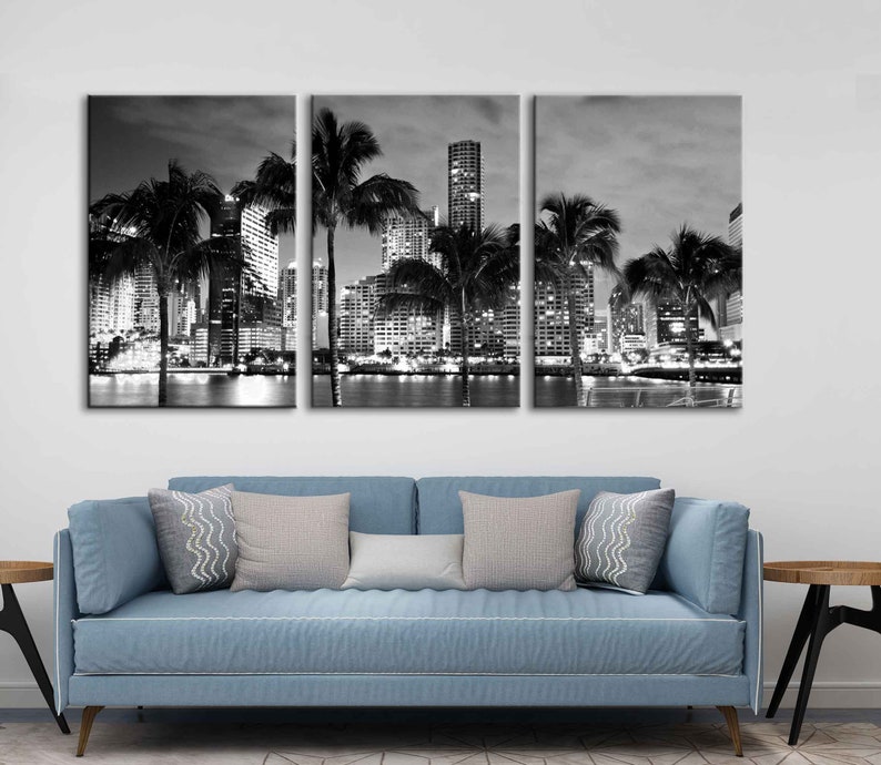 Miami Skyline Wall Art Decor USA City Night Cityscape Florida Black