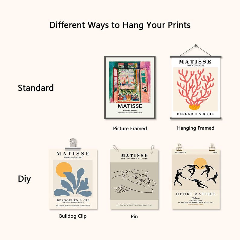 May include: A graphic showing different ways to hang prints. The first row shows a framed print with a black frame, a hanging framed print with a red coral design, and a bulldog clip holding a print with a blue and yellow design. The second row shows a print held by a pin, a print with a black and white line drawing of a woman, and a print with a yellow sun and a group of people in black silhouettes.