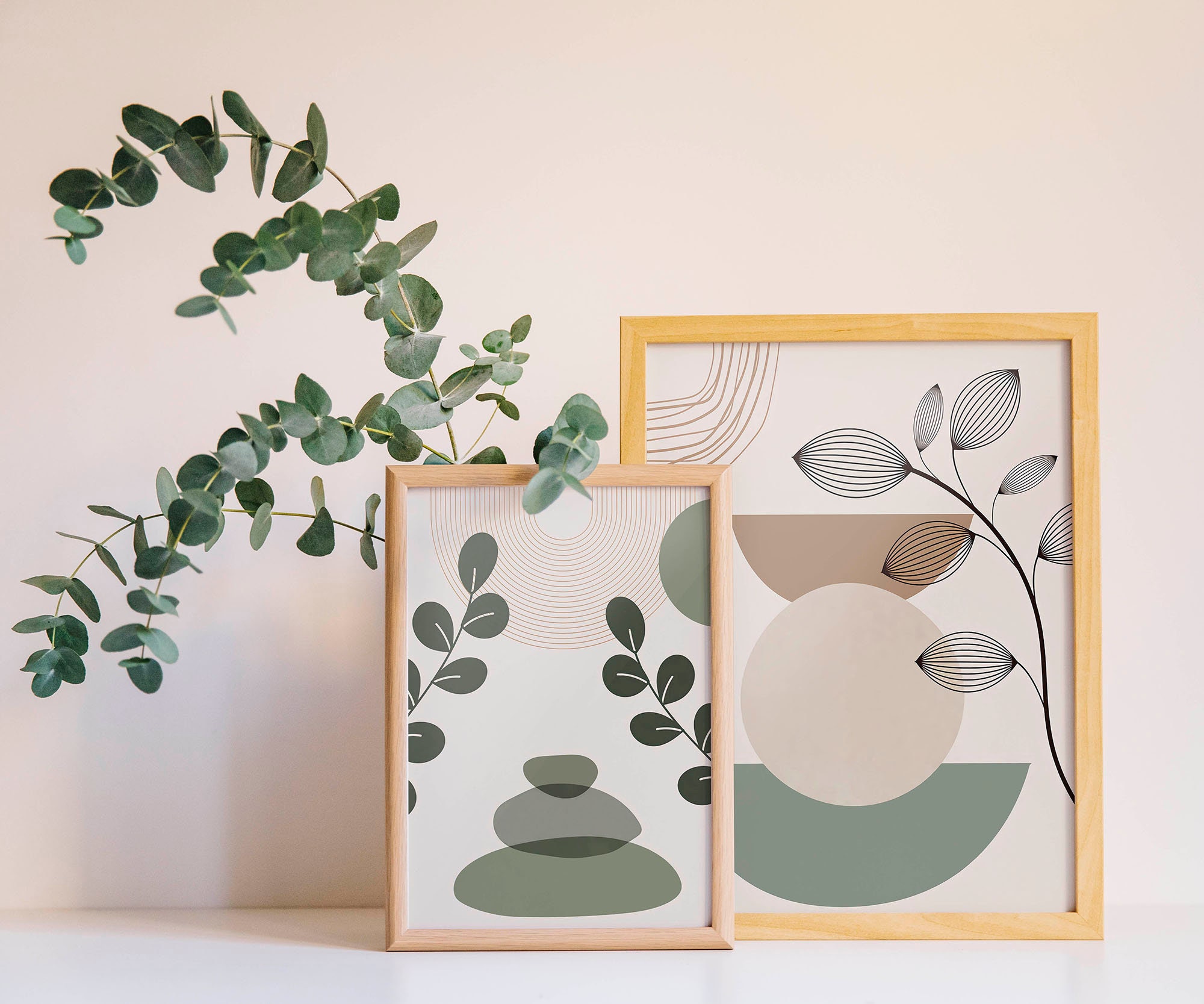 Boho Sage Green Wall Decor Abstract Set 3 Print, Geometric Wall Art