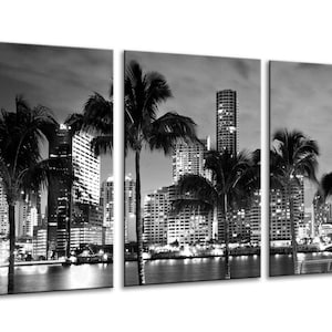 Miami Skyline Wall Art Decor USA City Night Cityscape Florida Black White View Canvas Printed Picture Framed Ready to Hang