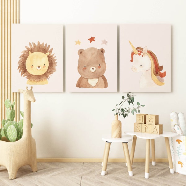 Nursery Wall Art Print, Set of 3 Teddy Bear Nursery Decor, Lion, Unicorn Baby Neutral Print, Lovely Animal Prints, Gift for Kids, Printable