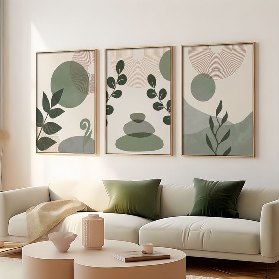 Boho Sage Green Wall Print Set of 3, Mid Century Modern Home Decor