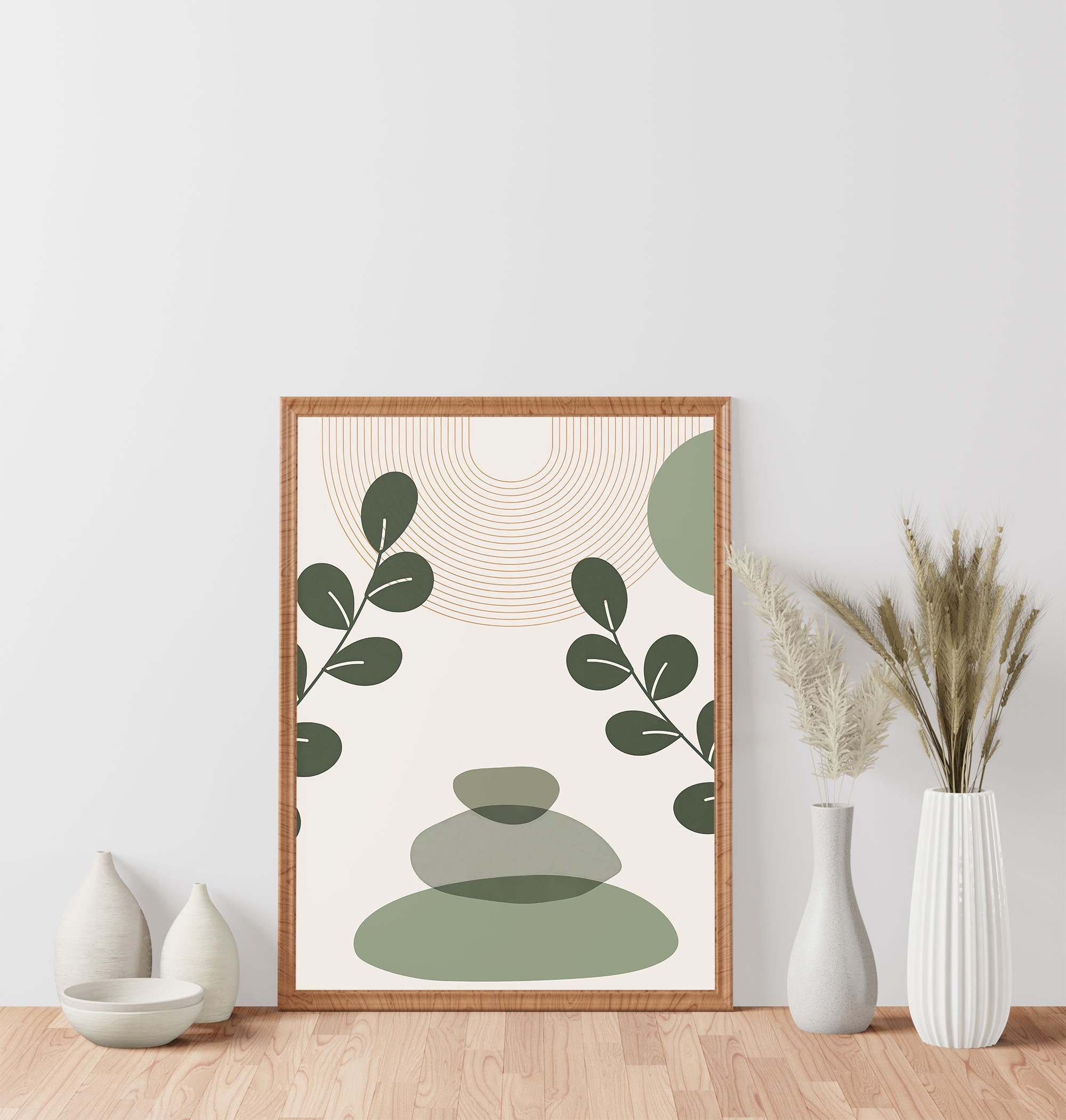 Boho Sage Green Wall Decor Abstract Set 3 Print, Geometric Wall Art