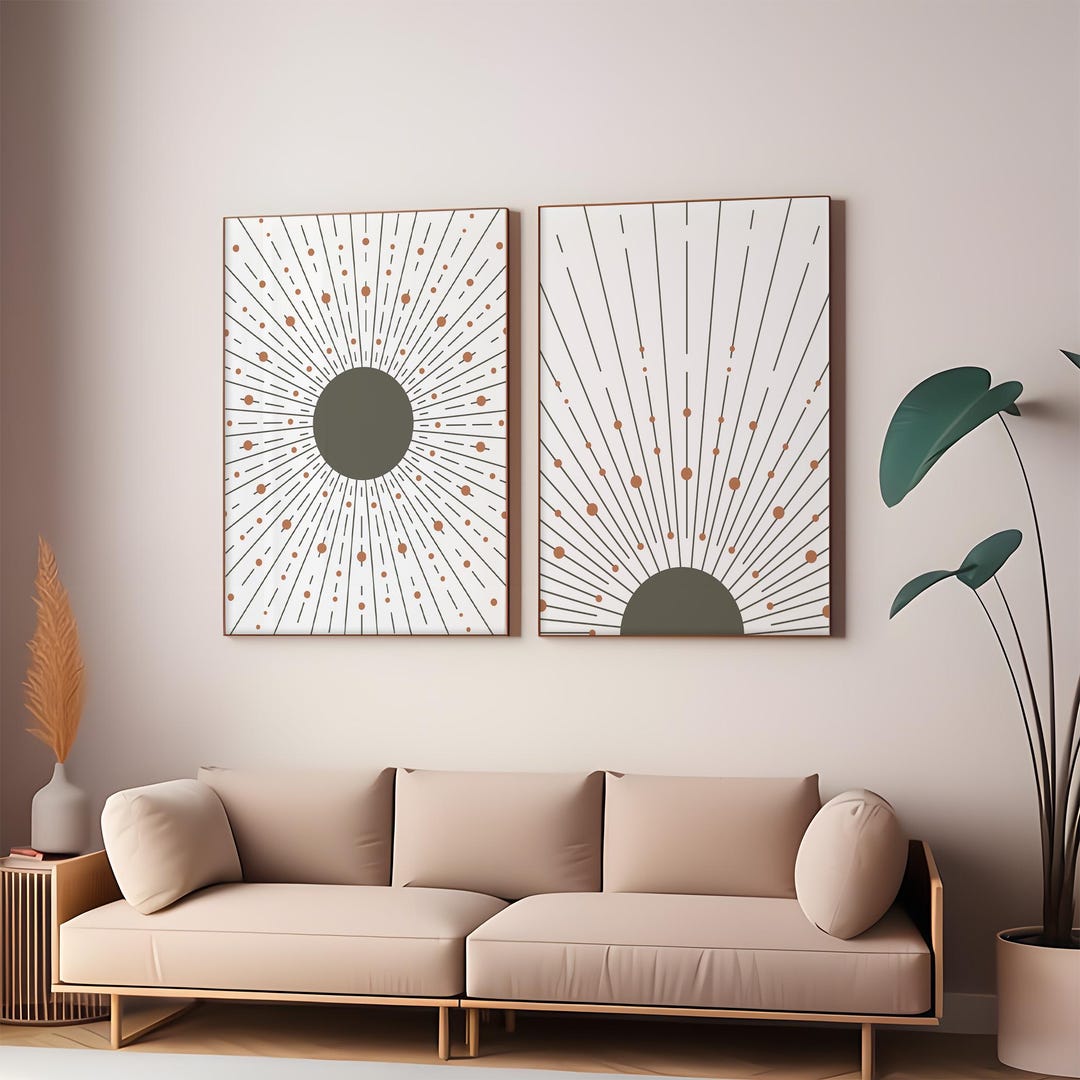 Sage Green Sun Print Set: Abstract Boho Mid Century Art (digital ...