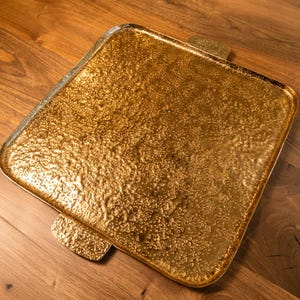 Handcrafted Hammered Gold Metal Tray – Square Serving Platter with Handles for Entertaining or Display – Luxe Textured Home Decor