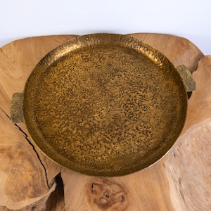 Handcrafted Round Hammered Brass Tray – Decorative Metal Serving Platter with Handles – Boho Luxe Table or Bar Cart Accent