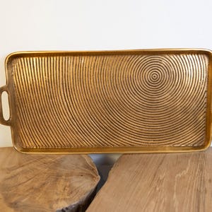 Handcrafted Gold Serving Tray with Handles / Rectangular Decorative Platter / Luxury Wedding & Hostess Gift / Vintage Concentric Design