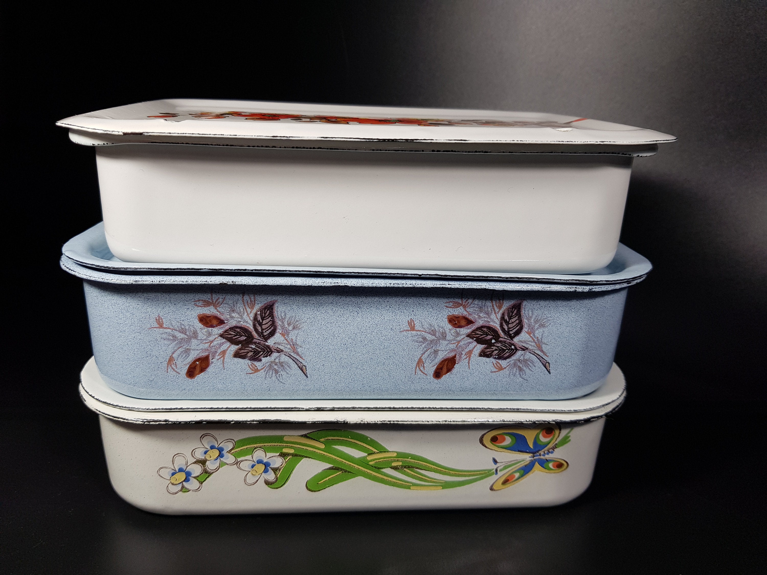 Set of 3 Vintage White Enamel Storage Containers With Lid Etsy