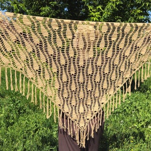 Beige Crochet Lace Shawl , Vintage Long Fringed Shawl , Crochet Wool Shawl , Ukrainian knitted shawl