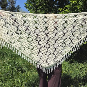 White Crochet Lace Shawl , Vintage Long Fringed Shawl , Crochet Wool Shawl , Ukrainian knitted shawl