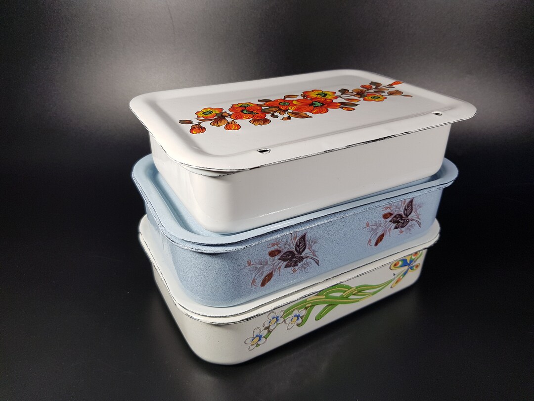 Set of 3 Vintage White Enamel Storage Containers With Lid Etsy