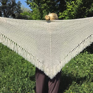 White Crochet Lace Shawl , Vintage Long Fringed Shawl , Crochet Wool Shawl , Ukrainian knitted shawl