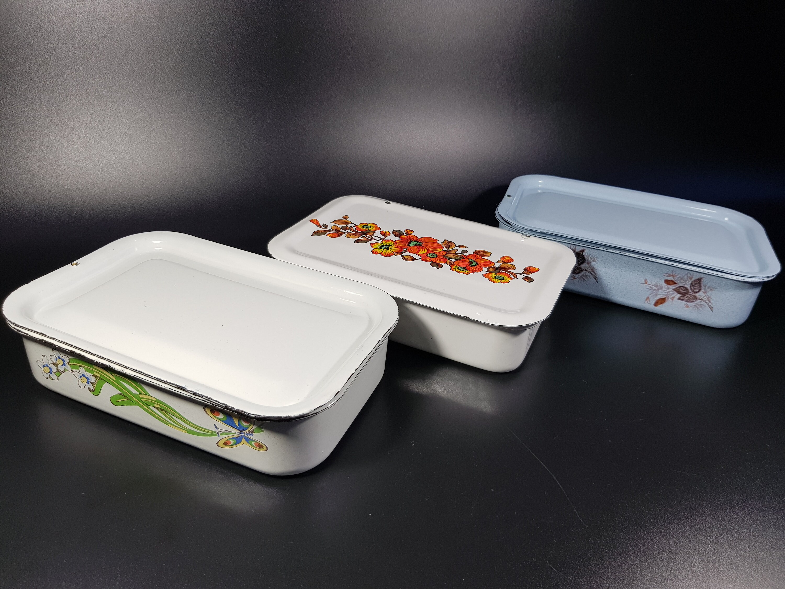 Set of 3 Vintage White Enamel Storage Containers With Lid Etsy