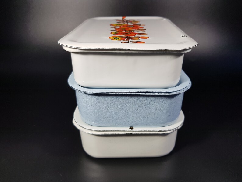 Set of 3 Vintage White Enamel Storage Containers With Lid Etsy