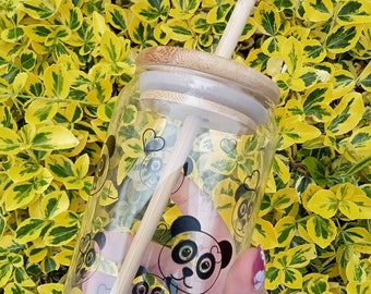 Personalised Glass Drinking Cup. Suitable for hot or cold drinks. With Bamboo Lid, silicone seal and straw. Cute panda design