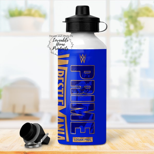 Personalised 650ML metal sports bottles with wrestlemania design blue personalised with name. With two lids sports and screw cap