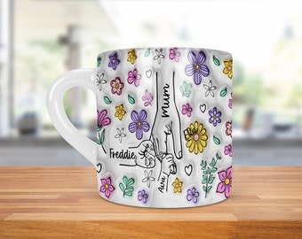 Mums Hand 3d Inflated Style 11oz mug Ceramic Personalised up to 6 hands Choose Names