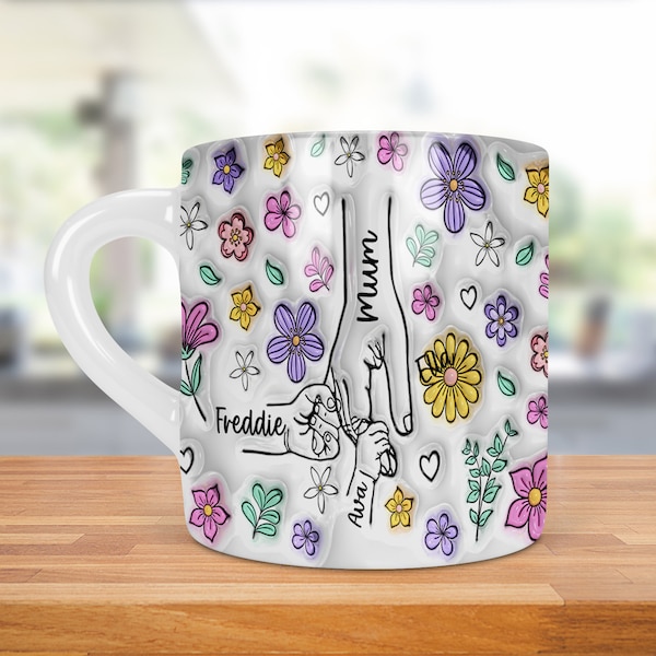 Mums Hand 3d Inflated Style 11oz mug Ceramic Personalised up to 6 hands Choose Names