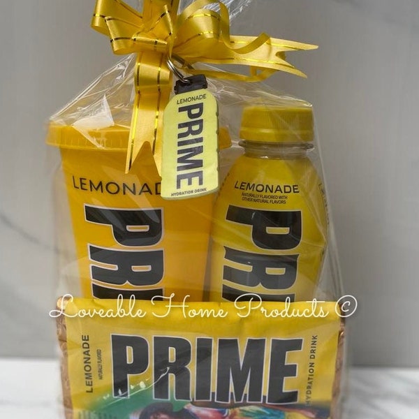 Personalised Lemonade Prime Gift Set personalised with name, including drink, choc, cold cup and handmade bottle style keyring