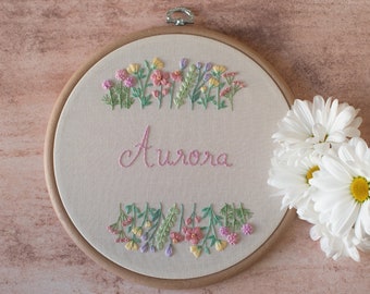 Embroidery Hoop Art | Custom Name | Nursery Decor | Pastels Nursery Embroidery Hoop | Baby Room Decor | Spring Wildflowers  - Made to Order